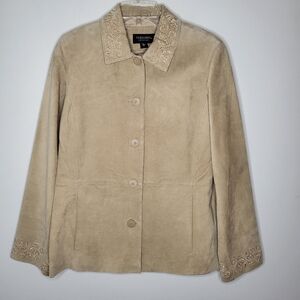 Coldwater Creek Tan Leather Jacket with Notched Collar and Long Sleeves